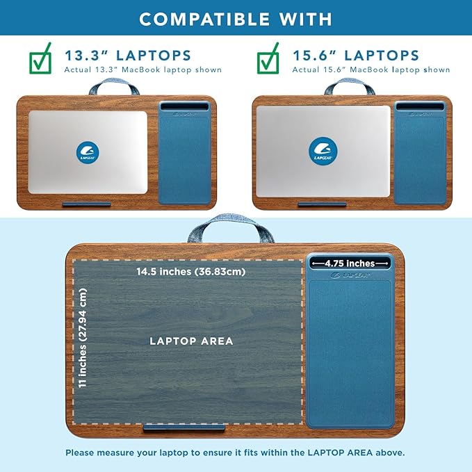 LAPGEAR Home Office Lap Desk with Device Ledge, Mouse Pad, and Phone Holder - Espresso Blue - Fits up to 15.6 Inch Laptops - Style No. 91522