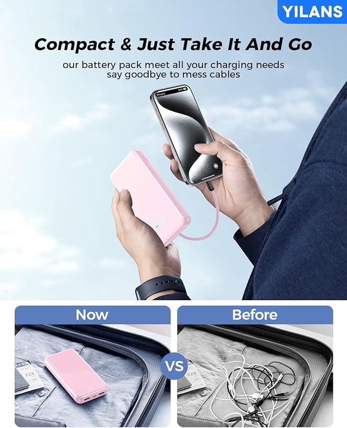 Portable Charger,50000mAh Power Bank Built-in Cable, 22.5W PD USB C In & Out Fast Charging, External Battery Pack with 6 Output & 2 Input, Travel Phone Charger for iPhone 17/16/15/14/13/12(Rosy)