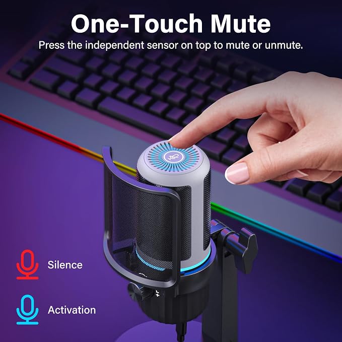 USB Condenser Gaming Microphone, PC Microphone for Streaming, Podcasts, Recording, Desktop Computer Mic with Mute Button & LED Indicator, Volume Control, Headphone Jack