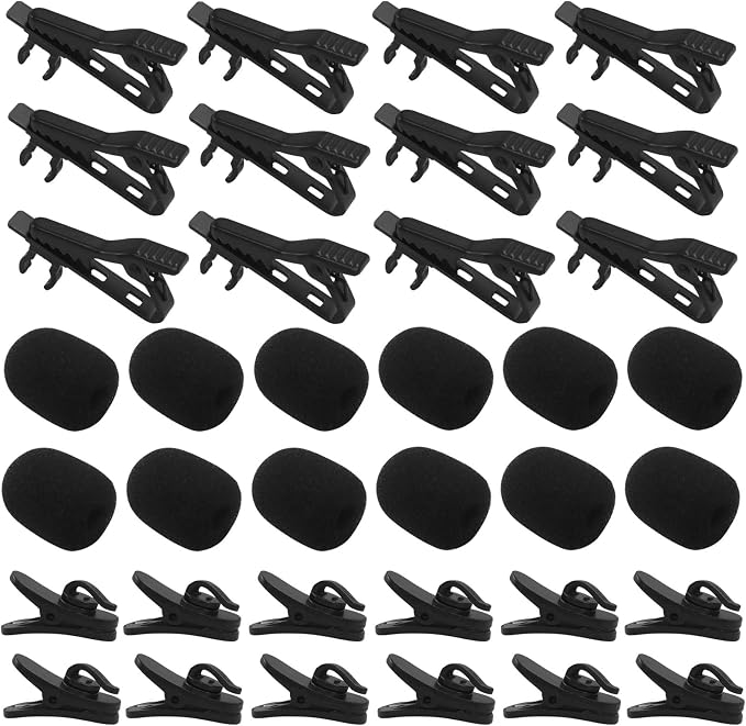 12 Pcs Lavalier Microphone Clips Replacement Kit with 12 Pcs Foam Windscreen Covers, 12 Pcs Plastic Wire Clips for Voice Recording, Video Conferencing, Online Meetings and Video Creators