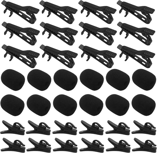 12 Pcs Lavalier Microphone Clips Replacement Kit with 12 Pcs Foam Windscreen Covers, 12 Pcs Plastic Wire Clips for Voice Recording, Video Conferencing, Online Meetings and Video Creators