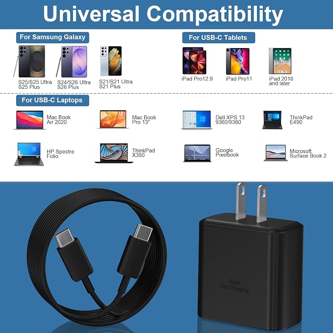 45W Super Fast Charger USB C, 45 Watt USB C Charger Block with 12FT Android Phone Fast Charging Cable Cord for Samsung Galaxy S26 S25 S24 S23 Ultra/S26 S25 S24 S23 S22 S21 S20/Note 10/20