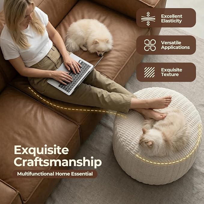 Large Round Pouf Ottoman Stuffed Corduroy Poufs Foot Rest with Foam Filling Fluffy Pouf Storage Ottoman Relax Stool for Living Room Couch 26 X 18 Inches, Cream