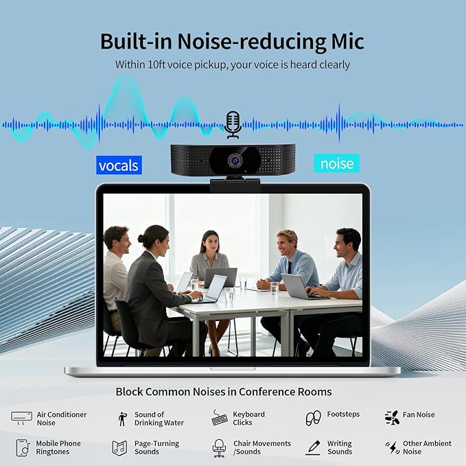 1080P Wireless Webcam for PC, Webcam with Noise-reducing Mic, 92°FOV，360° Rotation, Plug and Play, Wireless Camera Works with Skype, Zoom for Conference meetings, video calls (USB-powered Version)