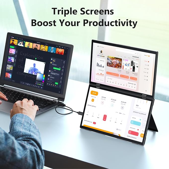 MAGICRAVEN Portable Dual Monitor for Laptop, Foldable Laptop Screen Extender, Plug & Play No Driver, 1080P FHD IPS Triple Screen for Travel & Office, Compatible with Mac, Windows - 15.6"