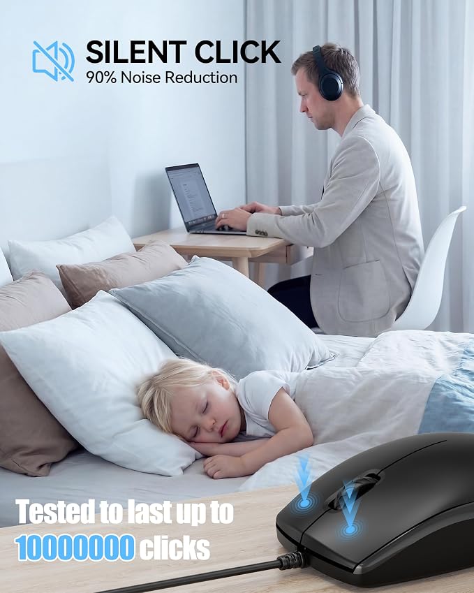 TECKNET USB-A Wired Mouse for Laptop Computer with 2-Button,Home and Office 5FT Corded Mouse, 1600DPI Ergo-Optic Shape PC Mouse Wired for Chromebook,PC,Desktop,Notebook-Black