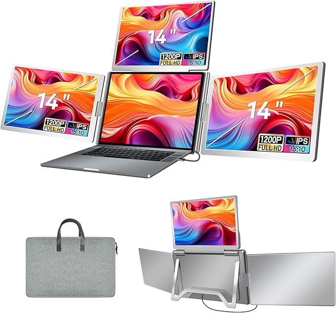 Portable Monitor Laptop Screen Extender, FHD IPS Triple Screen Laptop Monitor Extender, 1 Cable for 3 Screens Travel Monitor for 12"-16.5" Laptops, fit for Win and Mac