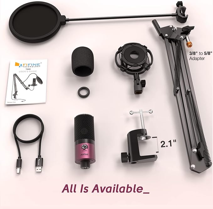 FIFINE Podcast Microphone Kit-USB PC Computer Recording Microphone, Condenser Mic Set for Streaming, Gaming, Voice-Over, Meeting, with Arm Stand, Shock Mount, Pop Filter-T669 Rose Red