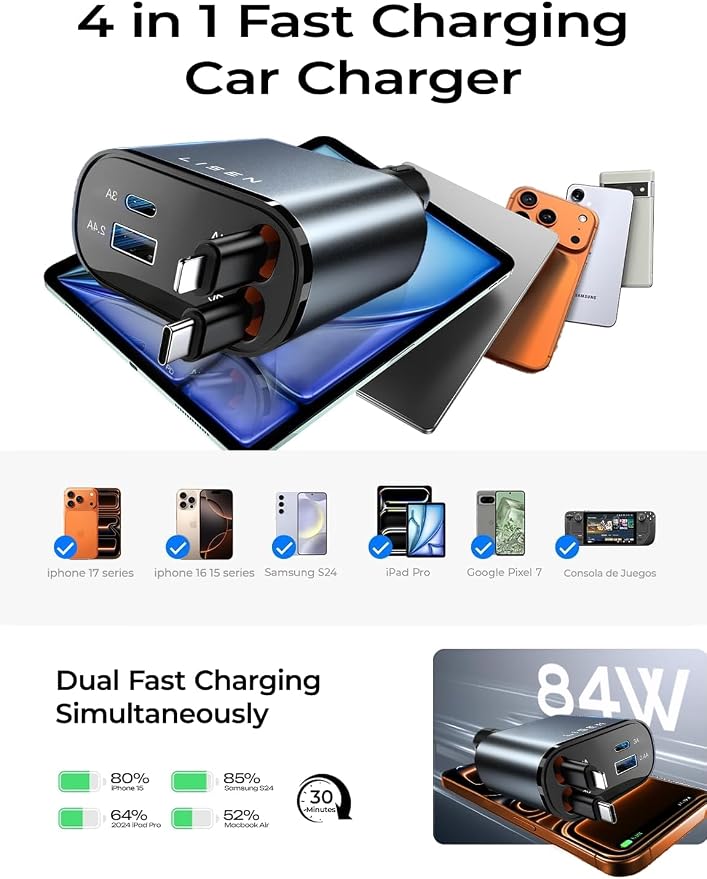 LISEN Retractable Car Charger, 84W Car Charger USB C Fast Charger Adapter for iPhone, Car Accessories for Men Women, Birthday Gifts for Fathers Day for Men Dad Husband, for iPhone 17 16 15 14 13 12 11