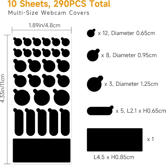 Black Webcam Covers, 290-Pack Restickable Camera Privacy Stickers, Multiple Sizes, Matte Vinyl, No Residue, for Laptop, Phone, Tablet, Smart TV