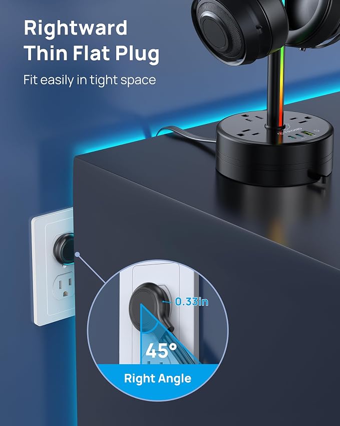 TROND Headphone Stand with PD 20W USB C Charger, RGB Gaming Headset Holder with 3 AC Outlets Extension, 5ft Retractable Power Strip Suitable for Gamer Desktop Table Game Earphone Accessories Gift