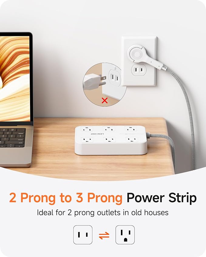 LENCENT 2 Prong Power Strip, 3 to 2 Prong Outlet Adapter, Surge Protector with 10ft Braided Extension Cord with Thin Flat Polarized Plug, 6 AC & 4 USB (1 Type-C), Wall Mount for Non-Grounded Outlet