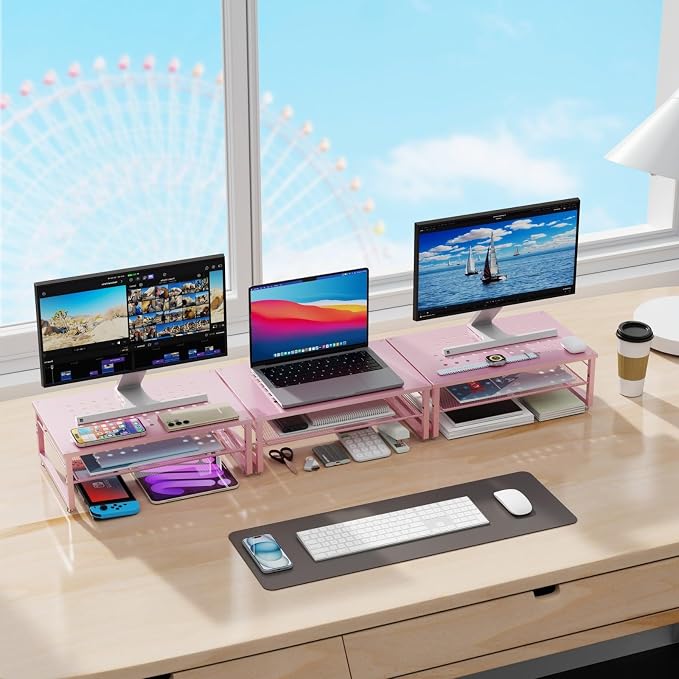 Gianotter 2-Tier Metal Monitor Stand Riser, Workspace Organizer with Desk Accessories, Office Storage for Supplies (Pink)