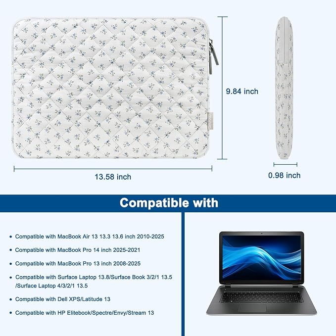 MOSISO Laptop Case 16 inch, 15-15.6 inch Puffy Laptop Sleeve Bag Compatible with MacBook Pro 16 M5 M4 M3 M2 M1, HP Acer Dell Lenovo ASUS, Charming Floral Square Quilted Carrying Bag&Small Case, Blue