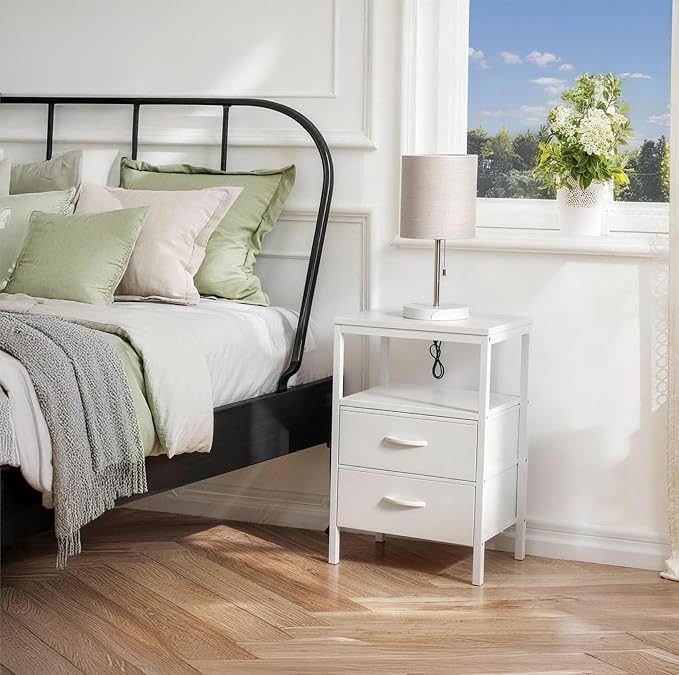 Huuger Nightstands Set of 2, End Tables with Charging Station, Side Tables with Fabric Drawers, Bedside Tables with USB Ports and Outlets, Night Stands, PU Leather, White
