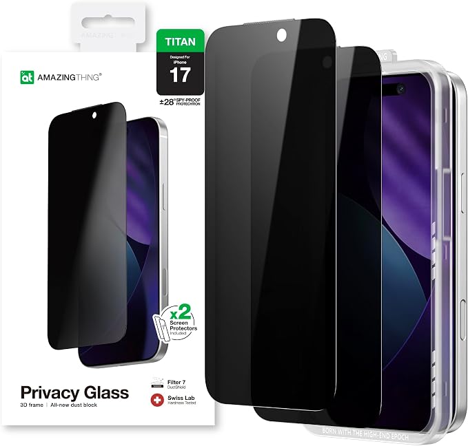 AMAZINGthing for iPhone 17 [Titan Filter 7 - Privacy Glass] Screen Protector, Privacy Viewing, 9H Tempered Glass, Full Coverage, Case‑Friendly, Oleophobic, Alignement Frame, 2 Pack