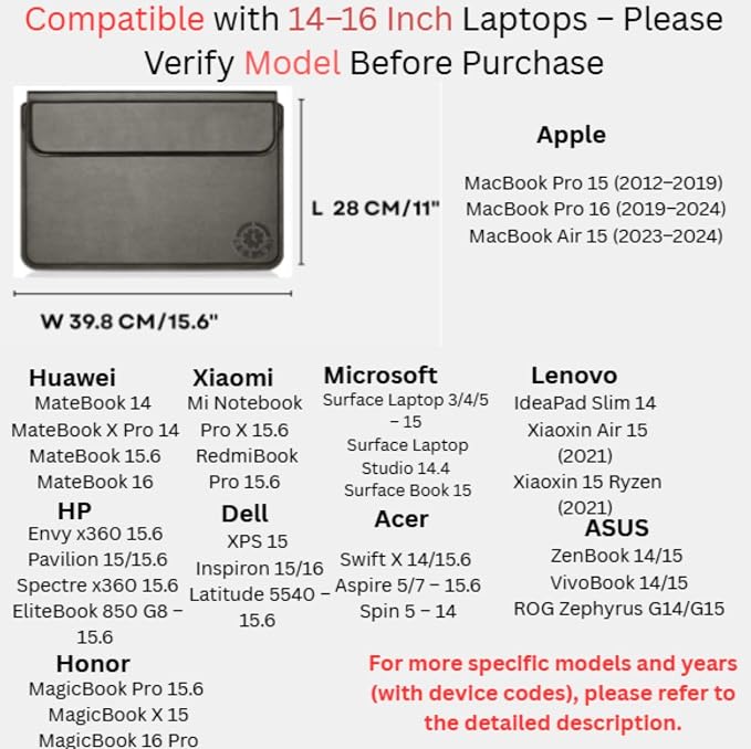 Brown Premium Laptop Sleeve 14-15.6 Inch ONLY MacBook Pro Air 15 Dell XPS HP Envy Lenovo ThinkPad Surface Waterproof PU Leather Stand Mouse Pad Business, Not for 11-13”
