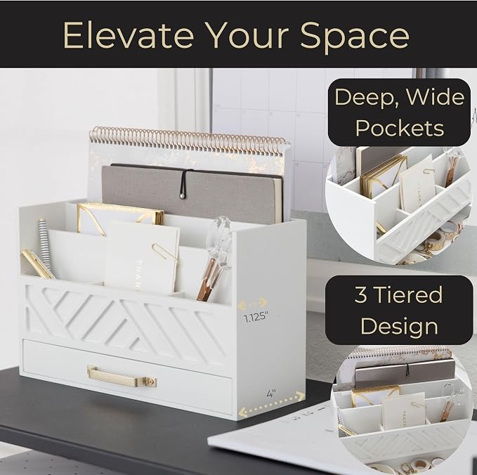BLU MONACO | White Wooden Desk Organizer & Mail Organizer with Drawer & Gold Handle | Mail Sorter Countertop | 6 Compartments | White Desktop Organizer for Desk
