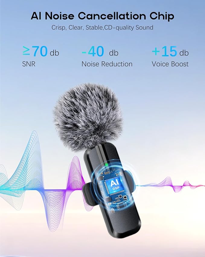 Wireless Mini Microphone for iPhone, Android - 2 Pack Lavalier Microphone for Video Recording, 2 In 1 Noise Reduction Lapel Mic for Ipad, Clip-on Mini Mic with USB-C for Content Creators Podcast