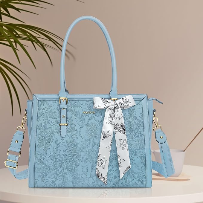 MOSISO Laptop Bag for Women, 17-17.3 inch PU Leather Tote Bag Compatible with MacBook, HP, Dell, Asus Notebook, Front Embossed Retro Hibiscus Computer Bags with Silk Scarf&Clutch Purse, Air Blue