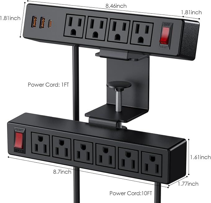 Desk Clamp Power Strip with PD20W USB-C, 2 in 1 Dual Layer Under Desk Power Strip, Removable Clamp Power Socket with 10AC Outlets & Switch, 10ft Extension Cord(ETL Listed)