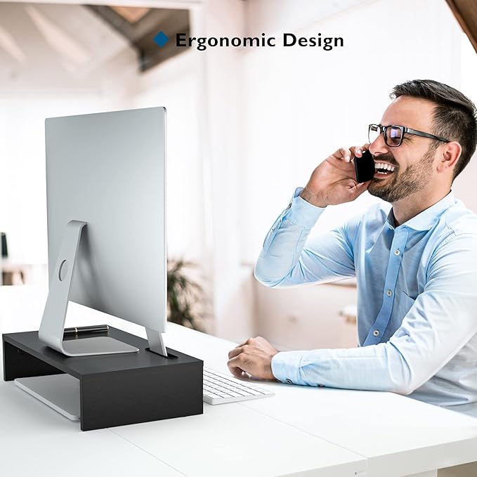 1home Monitor Stand Riser, 16.7 Inch Wood Monitor Riser Stand with Storage Organizer, Desktop Ergonomic Monitor Stand Riser with Cellphone Holder and Cable Management, Black
