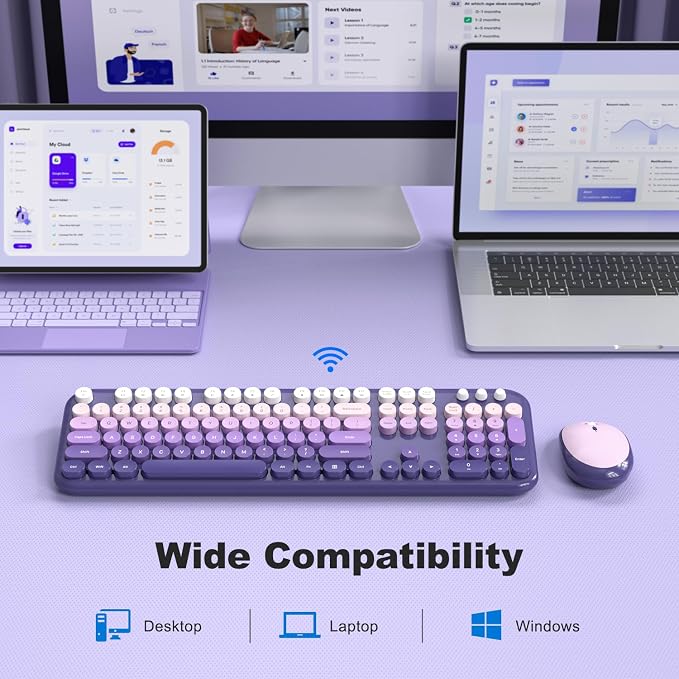 MOFII Wireless Keyboard and Mouse Combo, 2.4GHz Retro Typewriter Keyboard Full Size, Quiet Click Mouse, USB Receiver Plug and Play, for PC, Laptop, Desktop, Windows (Purple Gradient)