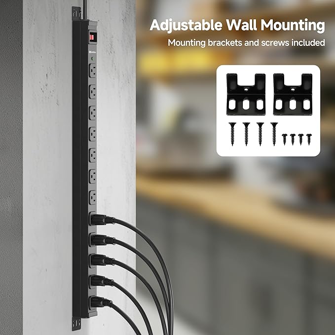 [ETL Certified] Cable Matters Wall-Mountable 12 Outlet Power Strip - 8ft Cord, Metal, 2100J Surge Protector with 15A Circuit Breaker, Industrial Power Strip Surge Protector for Garage, Workshop, Black