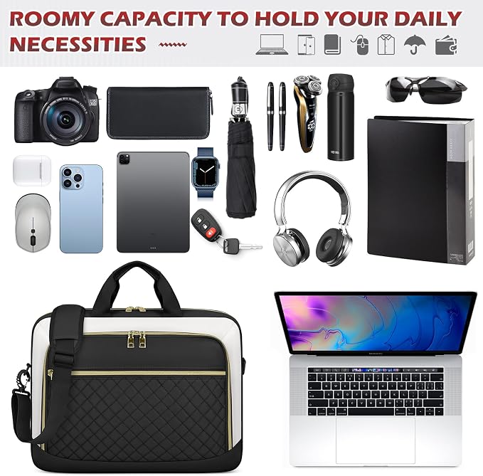 NEWHEY Laptop Bag 17.3 Inch Laptop Briefcase for Women Men Waterproof Shoulder Messenger Bag Large Computer Bag for Business Office Work College, Black&Beige