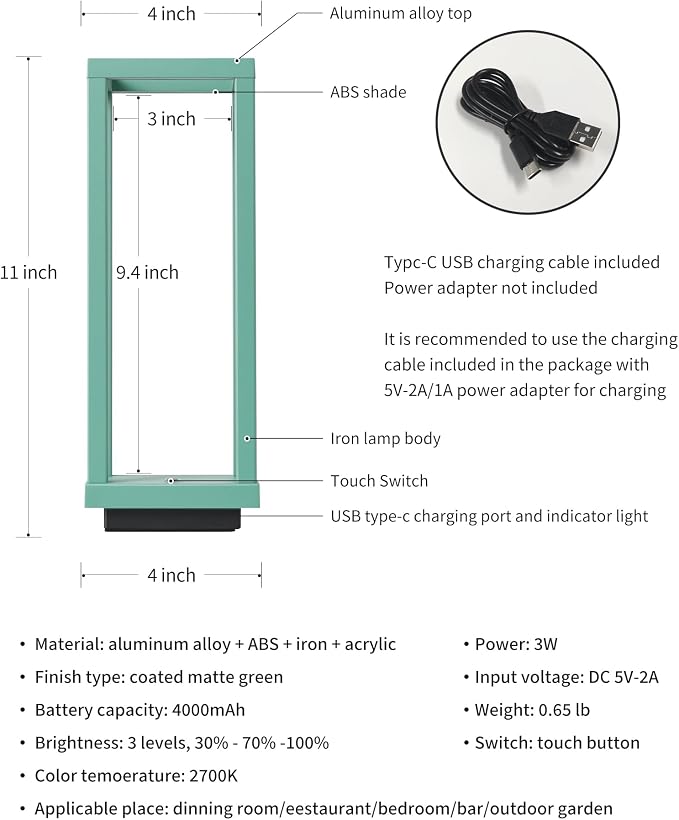 PUSU Cordless Waterproof Table Lamps Set of 2, Green Outdoor Rechargeable 4000mAh Battery Operated Desk Lamp 2700K 3-Level Dimmable, Portable LED Lighting for Patio, Camping, Bedroom, Night Light