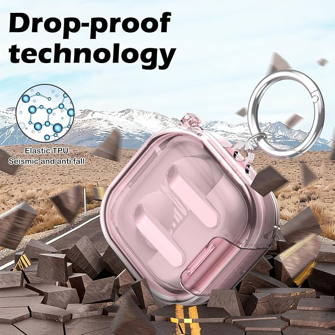 CameCosy Transparent case Compatible for Samsung Galaxy Buds 4/Buds 4 Pro 2026 with Lock Buckle & Phone Stand Function, TPU Shockproof Anti-Scratch Cover with Carabiner for Women Men, Clear Pink
