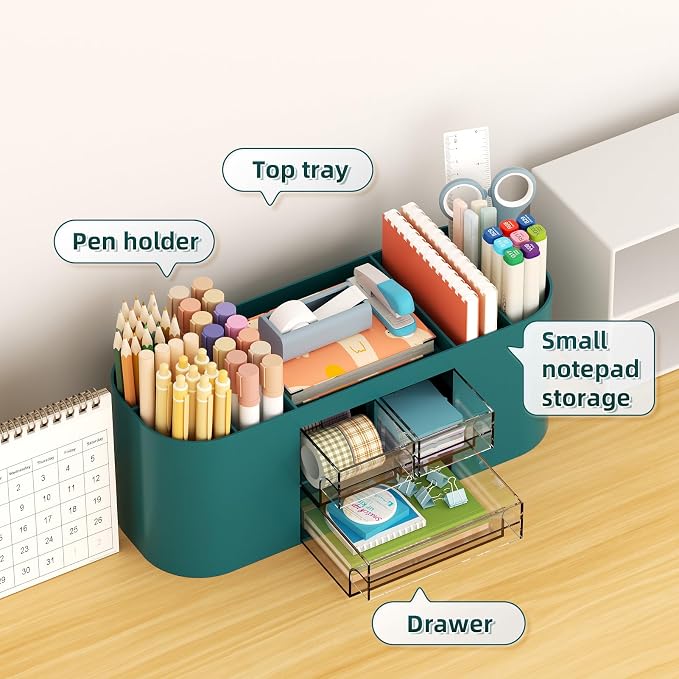 Marbrasse Pen Holder for Desk with 3 Drawers, Multi-Functional Pencil Holder, Desk Organizers and Accessories with 7 Compartments for Home, School, Classroom (Dark Green)