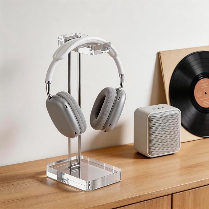 Acrylic Headphone Stand for Desk, Crystal Clear Headset Holder with Silver Metal Accent, Stable Non-Slip Base, Universal Gaming Headphone Hanger for PC Setup, Office & Home Desk Accessories