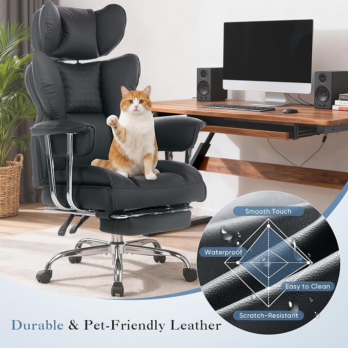 DUMOS Big and Tall Office Chair 350 LBS, Scratch-Resistant PU Leather Executive Office Desk Chair with Footrest, Ergonomic Reclining Computer Chair with Pocket Spring Support for Home Office, Black