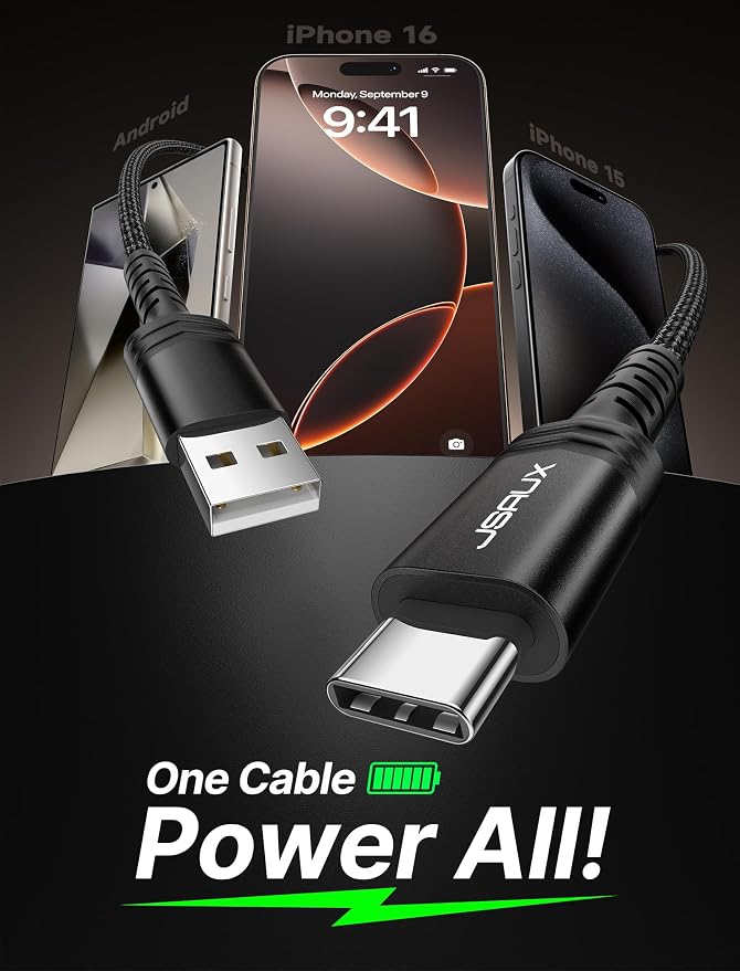 JSAUX USB C Cable [2-Pack 3.3ft], USB A to USB Cord Fast Charging for iPhone Air, iPhone 17, iPhone 17 Pro, iPhone 17 Pro Max, iPhone 16/iPhone 15 Series, Samsung S20 S10, Note 20 10,Car Play - Black