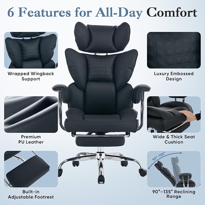 DUMOS Big and Tall Office Chair 350 LBS, Scratch-Resistant PU Leather Executive Office Desk Chair with Footrest, Ergonomic Reclining Computer Chair with Pocket Spring Support for Home Office, Black