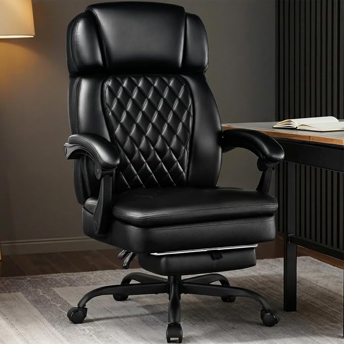 400lbs Executive Office Chair with Foot Rest for Heavy People, Ergonomic Big and Tall Desk Chair with Adjustable Headrest, High Back PU Leather Comfy Heavy Duty Computer Chair with Spring Cushion