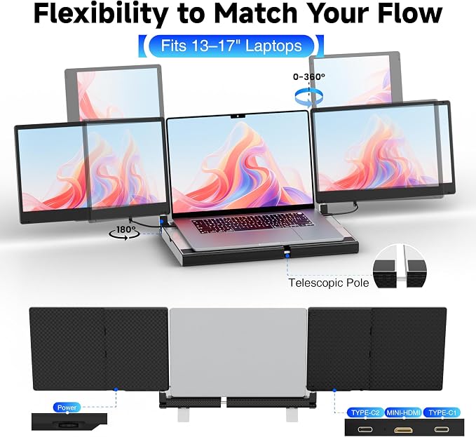 Laptop Screen Extender, 14" FHD 1080P Triple Portable Monitor for Laptops, Stretchable Base and Detachable Screen, Plug & Play, Monitor Extender for 13–17.3" Laptops, Compatible with Window/Mac/Chrome