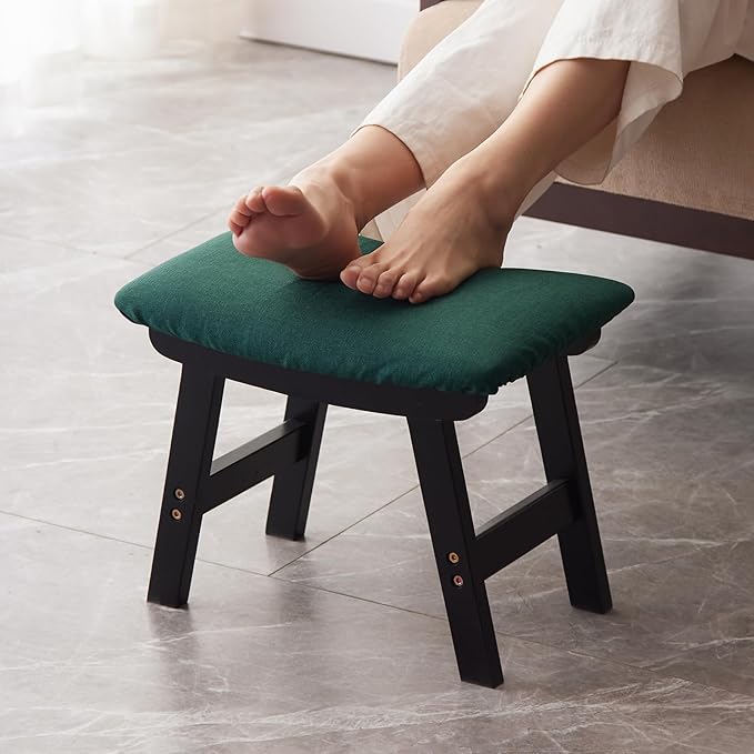 Kitsanery Foot Stool,Ottoman,Bamboo Small Sofa Foot Rest Under Desk,Extra Seating for Living Room, Bedroom and Kitchen (Black Stool Legs - Green Surface)