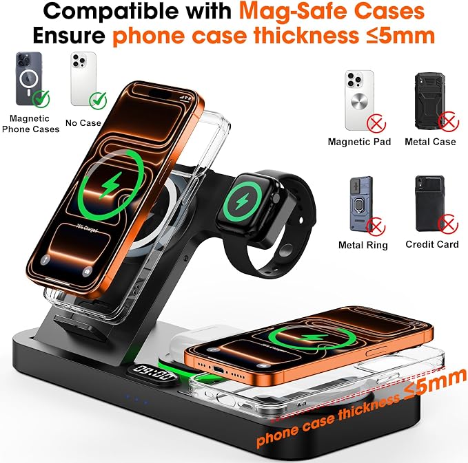 Dual Phone Magnetic Wireless Charging Station for Apple Devices/Apple Ecosystem, 7-Color Auto Light & 12H Clock, Multi-Device Charger for iPhone 17/16/15, for iWatch 11/10/9 & AirPods Pro3(Black