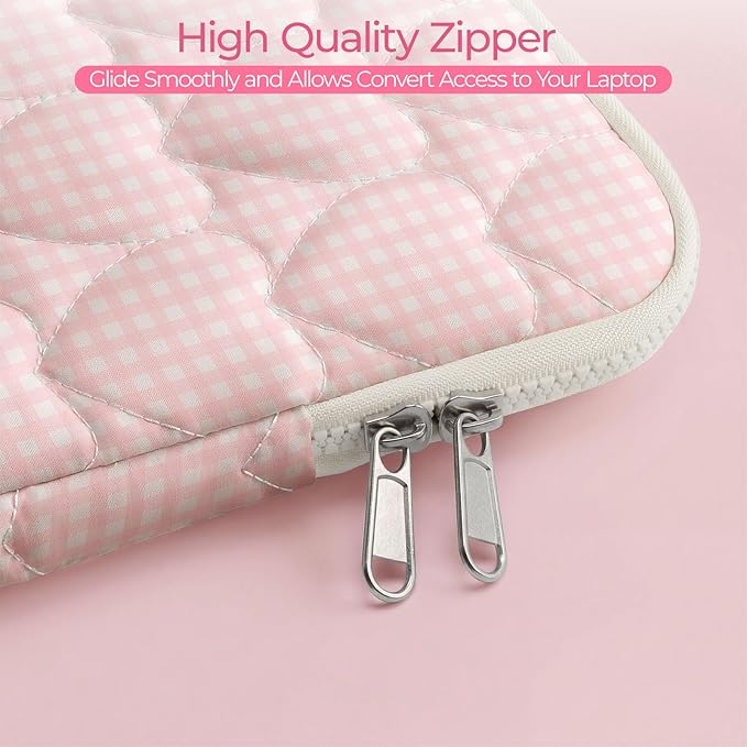 13-14 inch Cotton Quilted Laptop Sleeve for Women, Aesthetic Puffy Laptop Case Carrying Bag Compatible with MacBook Air/Pro 13/Pro 14, Soft Computer Liner Bag (Pink Gingham, 13.3inch)