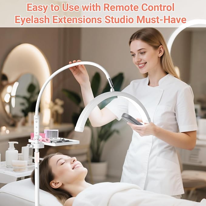 LIONVISON Half Moon Lash Light: 6500K LED Lamp Ring Light with Tray - 360° Flexible Gooseneck Durable Metal Stand - Salon Use for Lash Artists Eyelash Extensions (18In White)