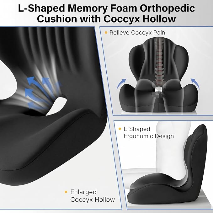 Ergonomic Office Chair Seat Cushion, L-Shaped Memory Foam Coccyx Cushion for Tailbone Pain Relief, Orthopedic Car Seat Cushion with Lumbar Support & Cutout Hollow for Sciatica & Back Pain (Black)