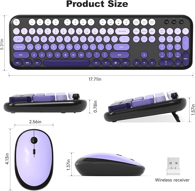 MOFII Wireless Keyboard and Mouse Combo, 2.4GHz Retro Typewriter Keyboard Full Size, Quiet Click Mouse, USB Receiver Plug and Play, for PC, Laptop, Desktop, Windows (Black Purple Gradient)