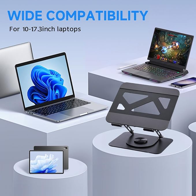 Leeboom Adjustable Laptop Stand for Desk, Ergonomic Height Adjustable Riser, Lecterns & Podiums, 360 Rotating & Foldable, Ventilated Cooling, Fits up to 17.3" Laptops (Gaming Laptops), Dark Silver
