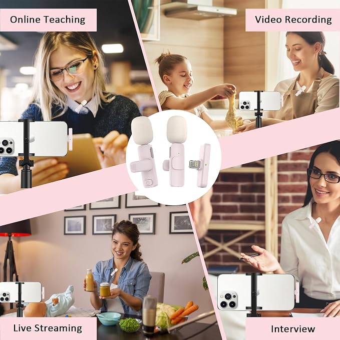 MAYBESTA Mini Wireless Lavalier Microphone for iPhone, iPad, Android - Bluetooth Lapel Phone Microphones for YouTube Video Recording - Clip on Lav Mic for Interview Podcast Vlog(Pink)