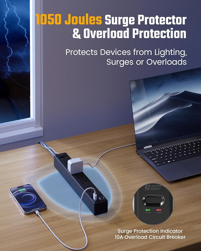 10Ft Extension Cord with Multiple Outlets, SUPERDANNY Flat Plug Surge Protector Power Strip with 3 USB Ports & 6 Outlets, 10 Ft Long Cord, Black Charging Station for Home Office, Dorm Room Essentials