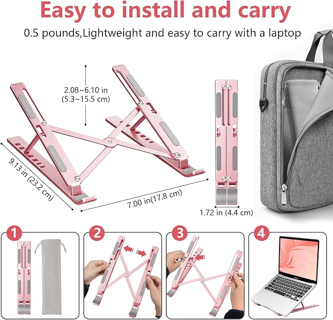 Laptop Stand for Desk, Aluminum Metal MacBook Stand，Computer Riser for Desk, Portable Foldable Adjustable Notebook Holder, Compatible with 10-15.6 Inch Laptops, iPad, Rose Gold.