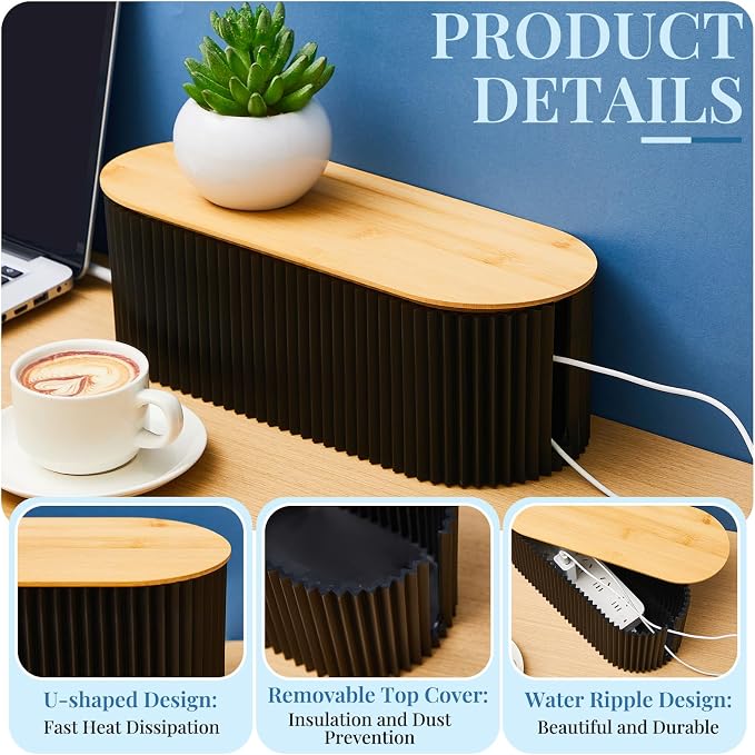 Marsui 2 Pcs Black Cable Management Organizer Box for Hiding Wires, Home Office Desk Floor Cord Organizer, 11.8 x 5.1 x 4.3 Inch Cord Strip Protect Holder Wire Storage