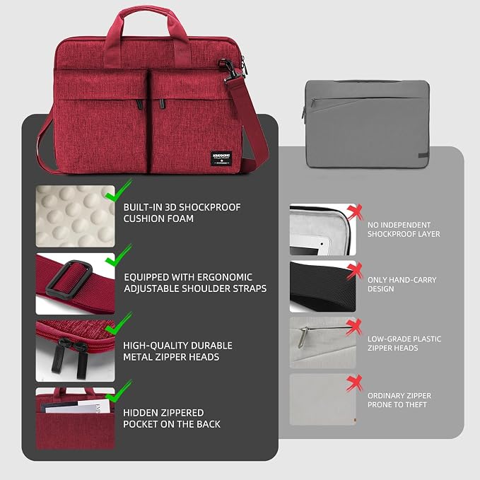 KINGSLONG 15.6 inch Laptop Shoulder Bag Sleeve, Slim Shockproof Computer Notebook Ultrabooks Carrying Case Handbag Cover Fit for Acer Asus Dell Lenovo HP, Red